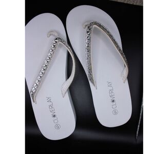 Cloverlay White Rhinestone Platform Wedge Flip Flops Size 6